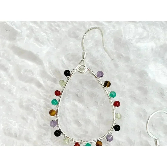 Sterling Silver Rainbow Quartz Gemstone Lined Teardrop Vintage Hoop Earrings - Picture 4 of 9